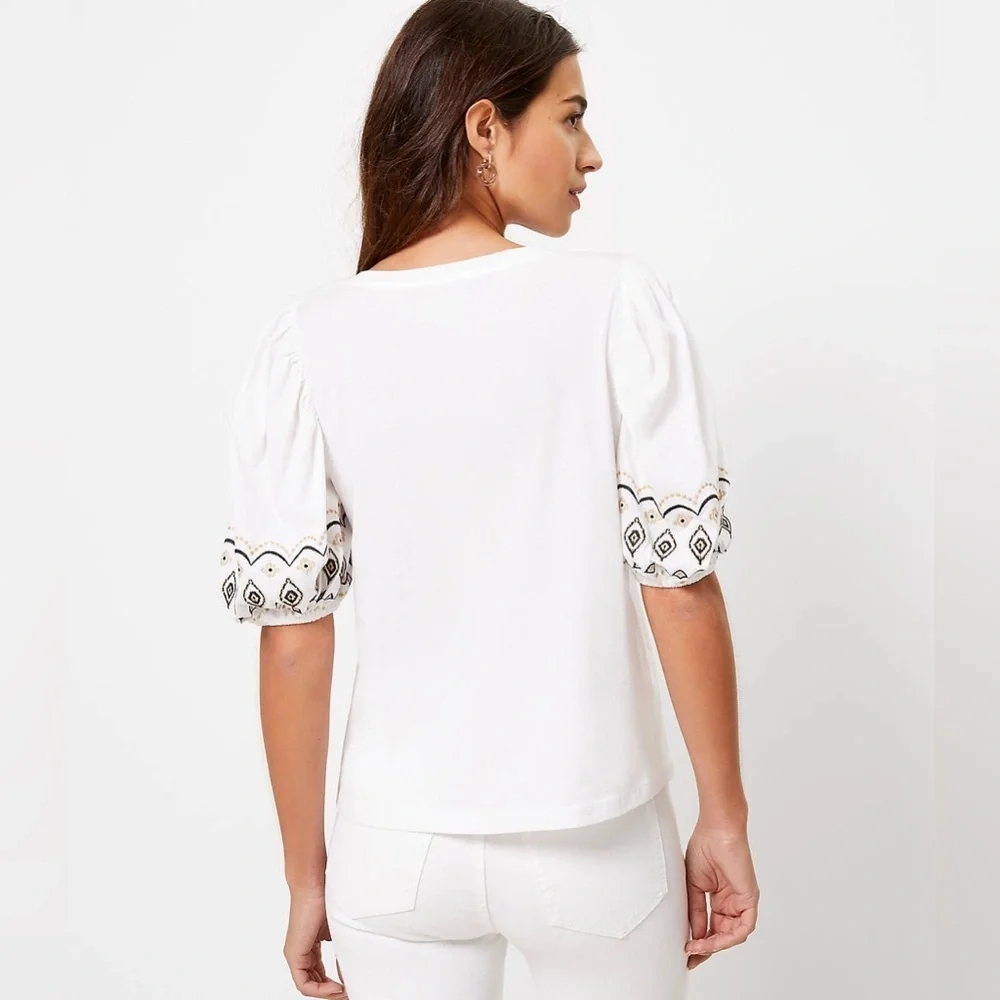 LOFT Embroidered Balloon Sleeve Top White 100% Cotton Lightweight Blouse Size MP